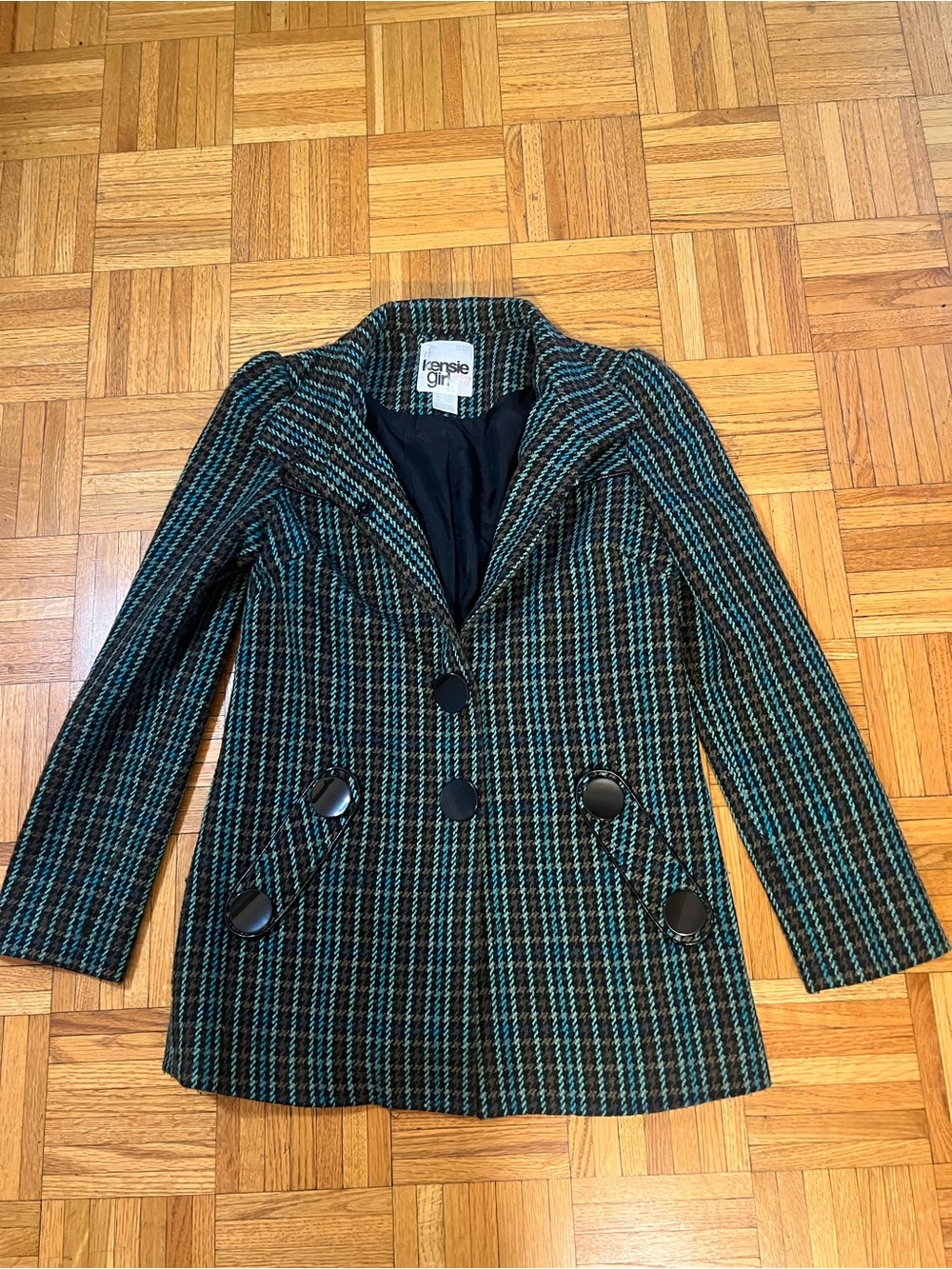 Kensie Girl Teal & Black Striped Wool-Blend Peacoat size small